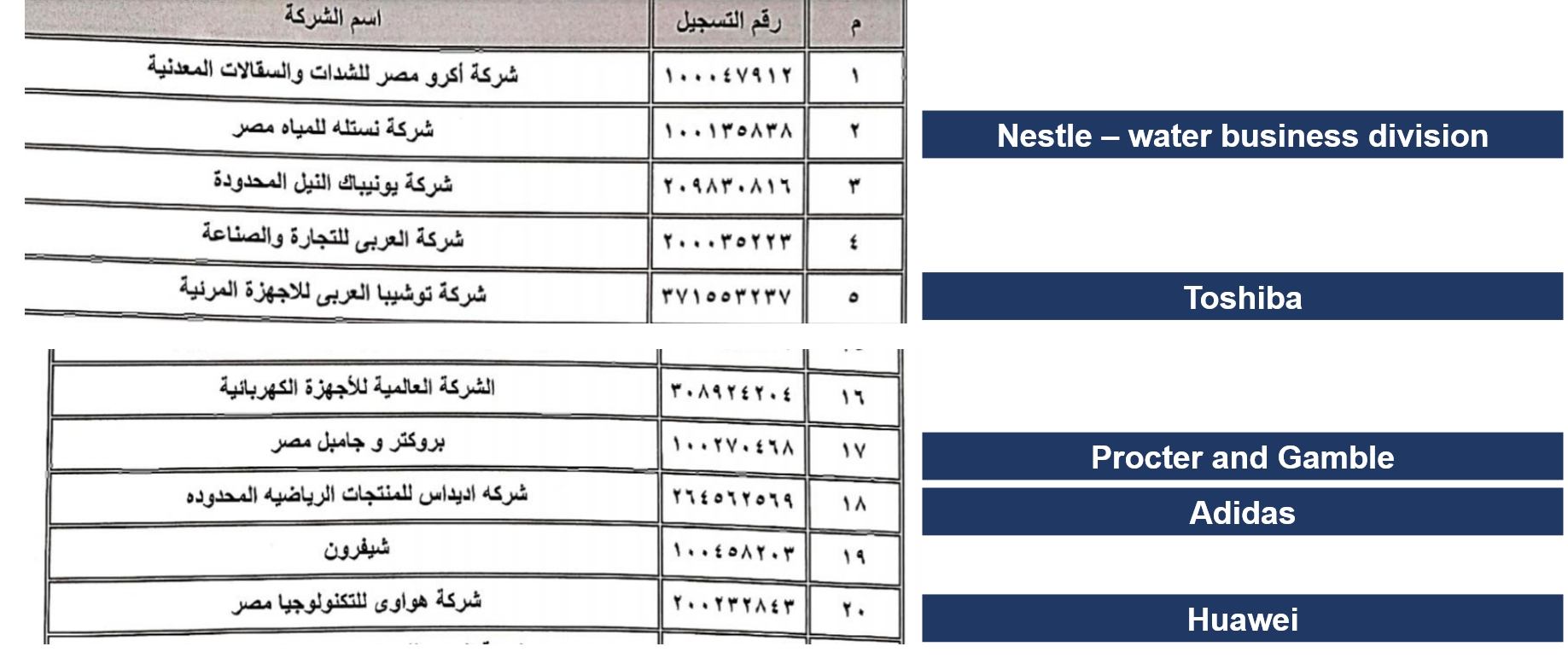 List of 134 companies mostly includes the biggest companies operating in Egypt. 